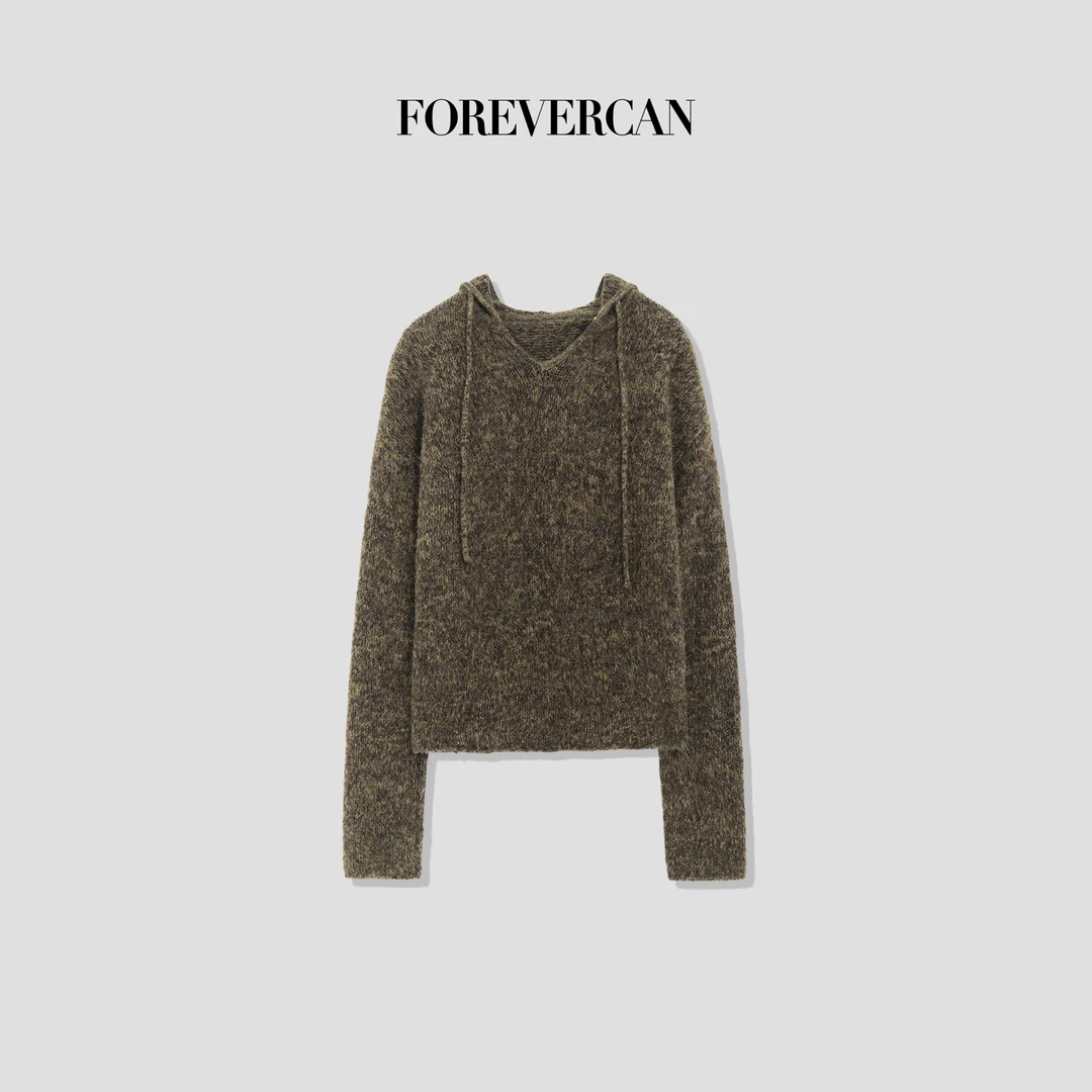 FOREVERCAN“漫野绿意”客定绵羊毛羊绒连帽气质针织卫衣上衣MY4264