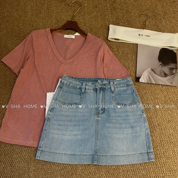 薇莎8306【现货】百搭浅色牛仔短裙