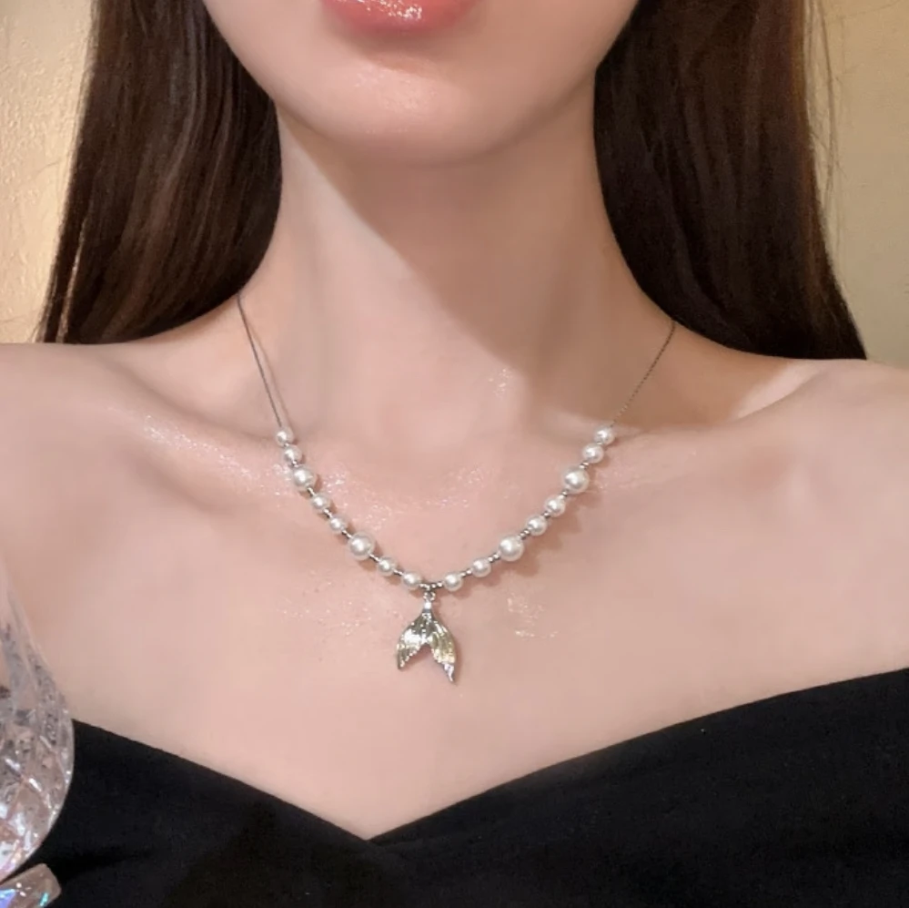 钛钢仿珍珠吊坠 人鱼尾仿珍珠项链流苏长款锁骨链可抽拉调节百搭