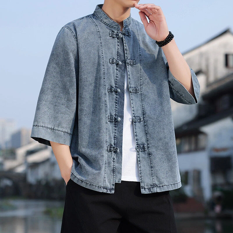 夏季短袖衬衫男七分袖宽松盘扣新中式唐装上衣牛仔外套男士