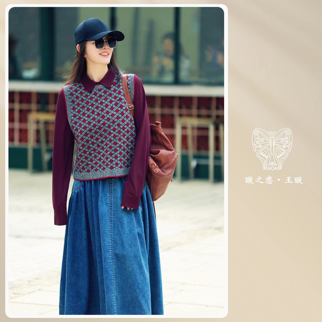 菱形格红色背心 100%绵羊毛王璇原创设计