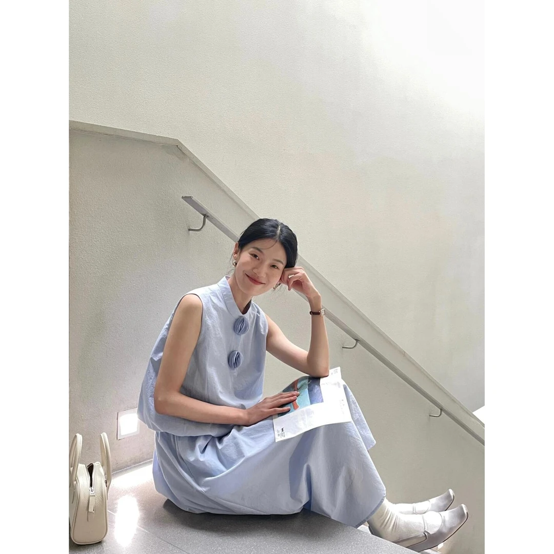 2025夏季新款夏日ootd穿搭漂亮小香风蓝色无袖上衣半身裙两件套装