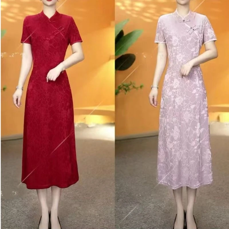 旗袍新款短袖中国风显瘦立领A字裙提花蕾丝印花连衣裙