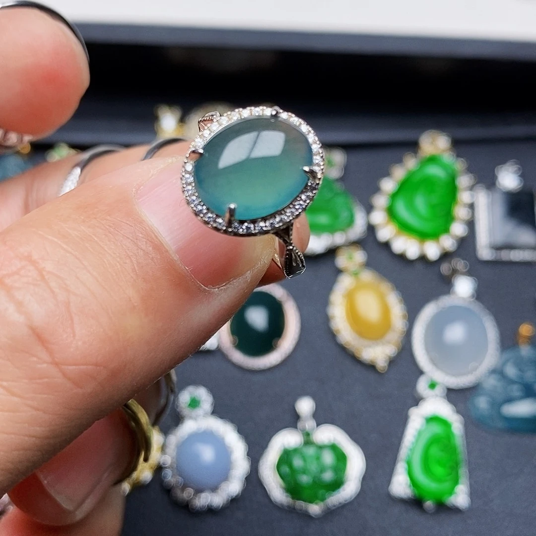 翡翠戒指银S925镶嵌圆***爷戒指