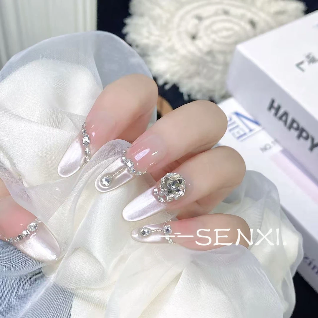 【梦幻婚纱】纯手工穿戴甲高级感长款显白法式贴钻猫眼甲片可拆卸