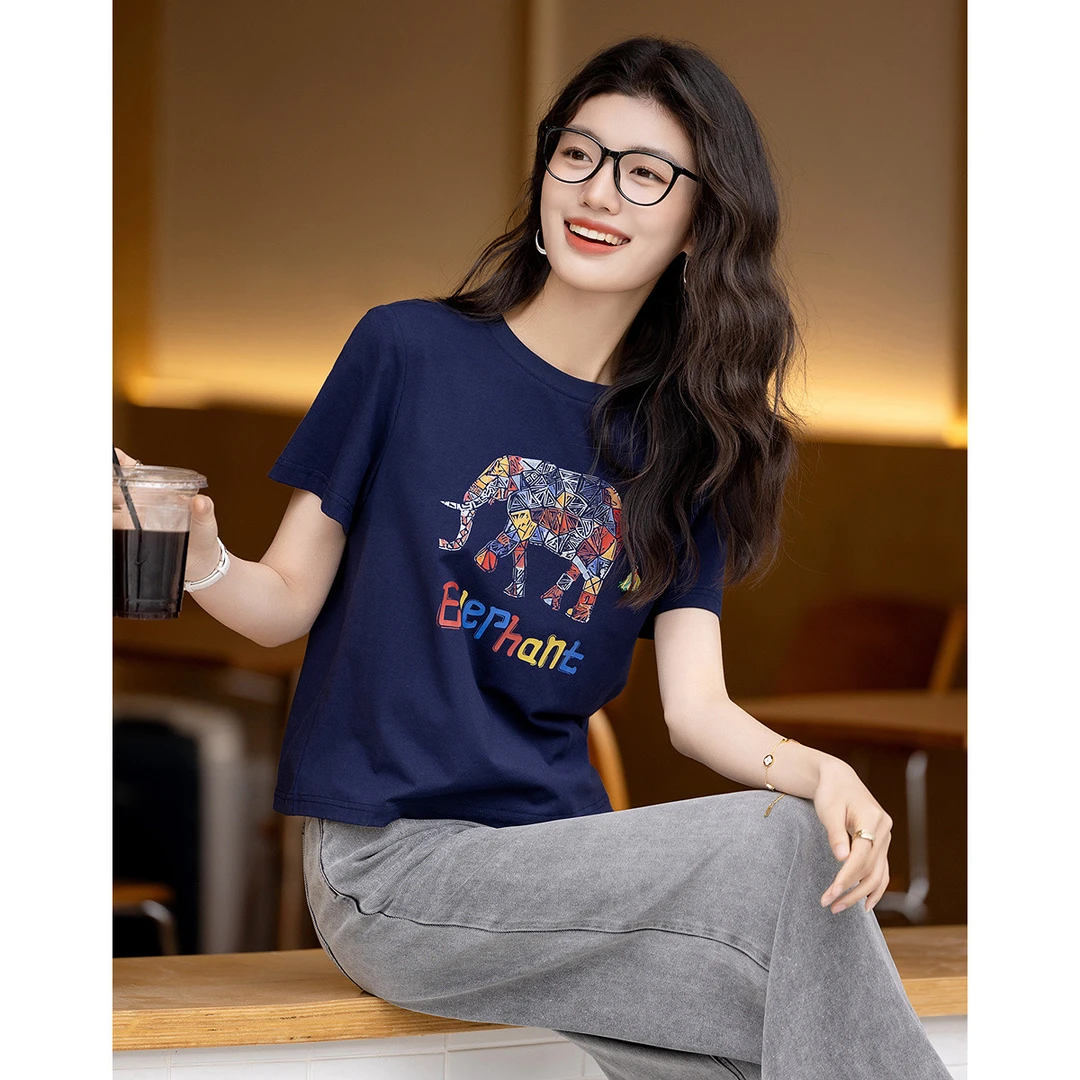 【重百专属】德·玛纳干爽180G棉氨夏创意撞色印花打底衫流苏短袖t恤