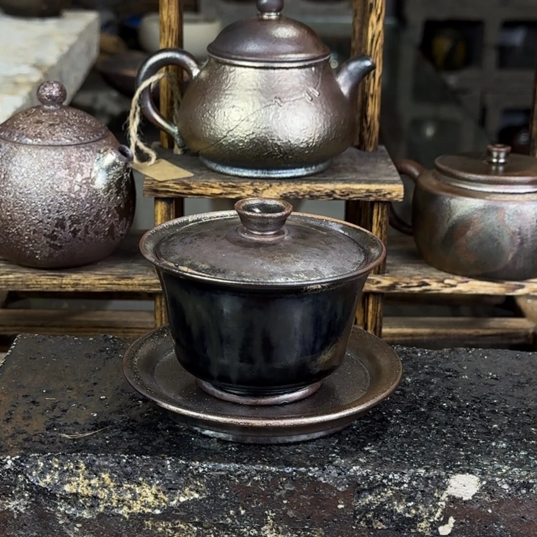 非遗建水紫陶柴烧茶具盖碗