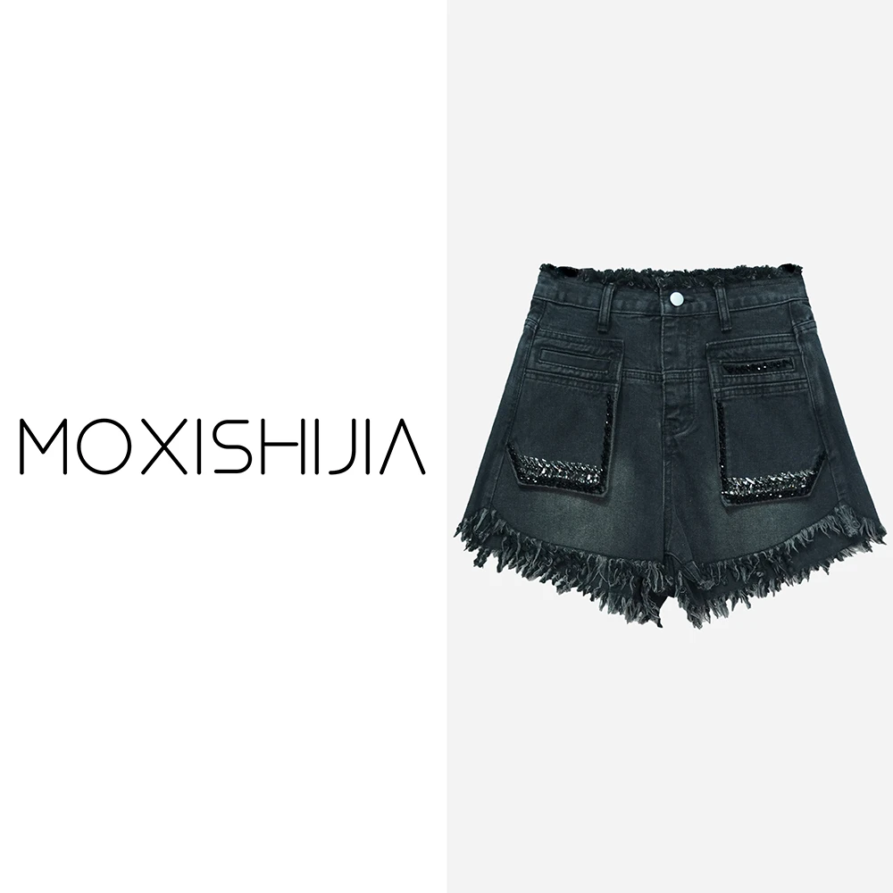 X1179【苏琳琳】时尚百搭镶钻高腰显瘦黑色水洗牛仔短裤