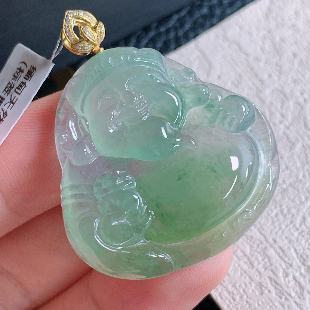缅甸天然翡翠A货老坑冰种黄翡财财吊坠18k金镶嵌精品时尚玉石玉器