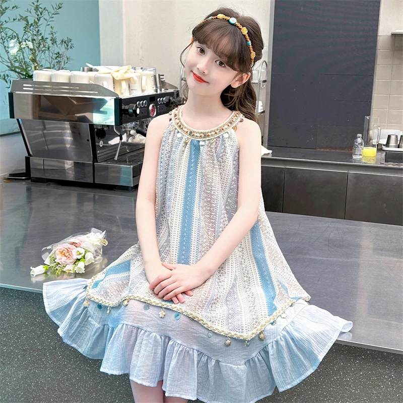 女童夏装连衣裙2025新款中大童洋气女孩儿童夏季波西米亚无袖裙子