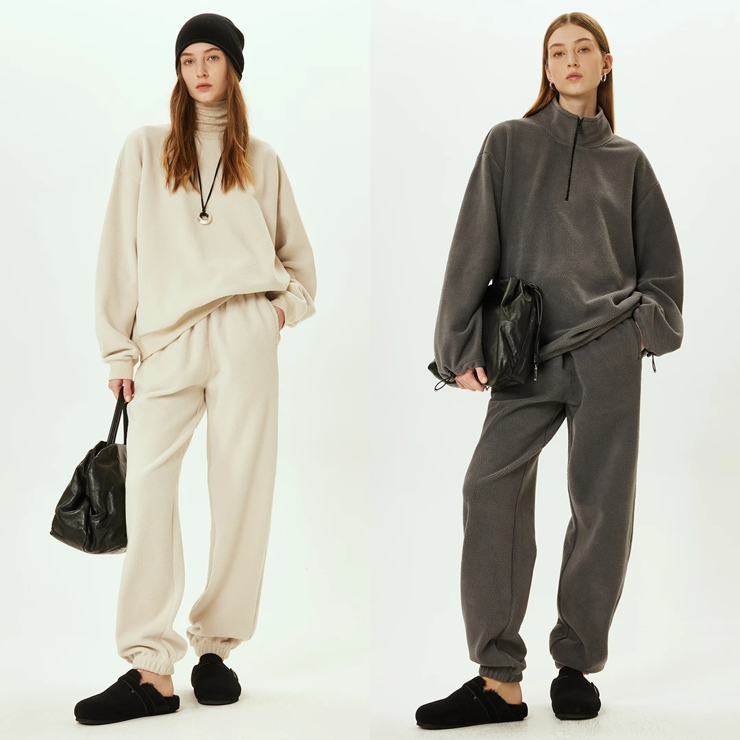 开间/懒人B备慵懒松弛杜邦锁温摇粒绒拉链立领卫衣束口运动裤套装