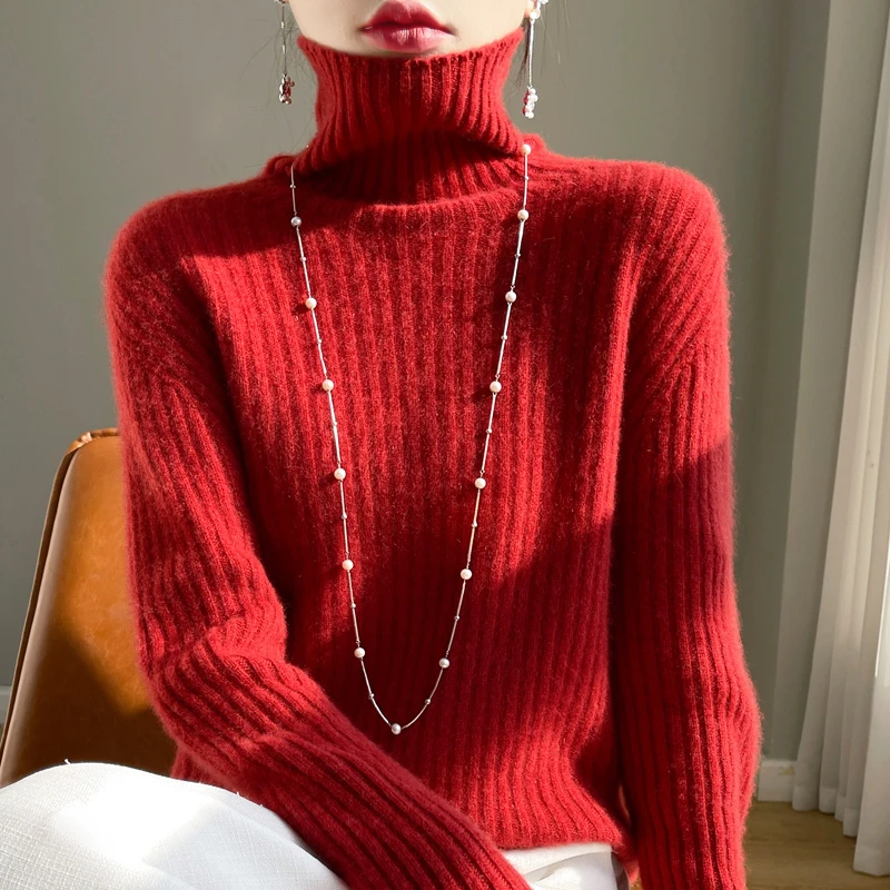 【全无缝】100%羊毛一线成衣衫加厚堆堆领女秋冬新款针织毛衣打底衫