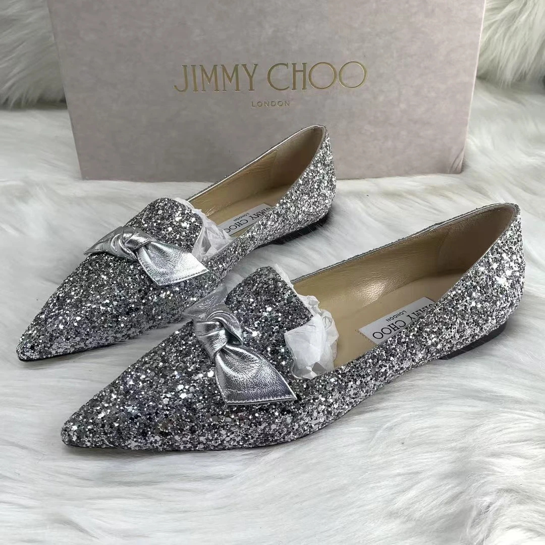 JIMMY CHOO/吉米周37.5码/Seven/全套/银色蝴蝶结尖头单鞋 824