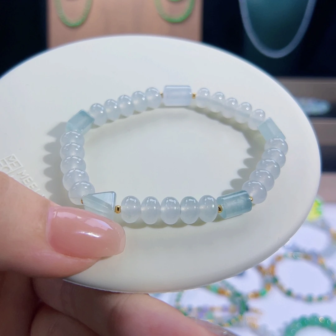 足金镶嵌手链翡翠缅料卡7鼓珠设计款