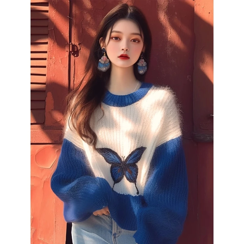 慵懒风撞色克莱因蓝软糯毛衣女2025秋冬新款宽松韩版蝴蝶印花上衣