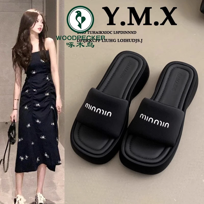 啄木鸟网红松糕厚底一字拖鞋女夏外穿2025新款仙女配裙子沙滩凉拖
