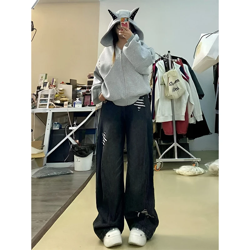 胖mm特大码女装美式星星贴布拼接阔腿牛仔裤女复古宽松显瘦直筒裤