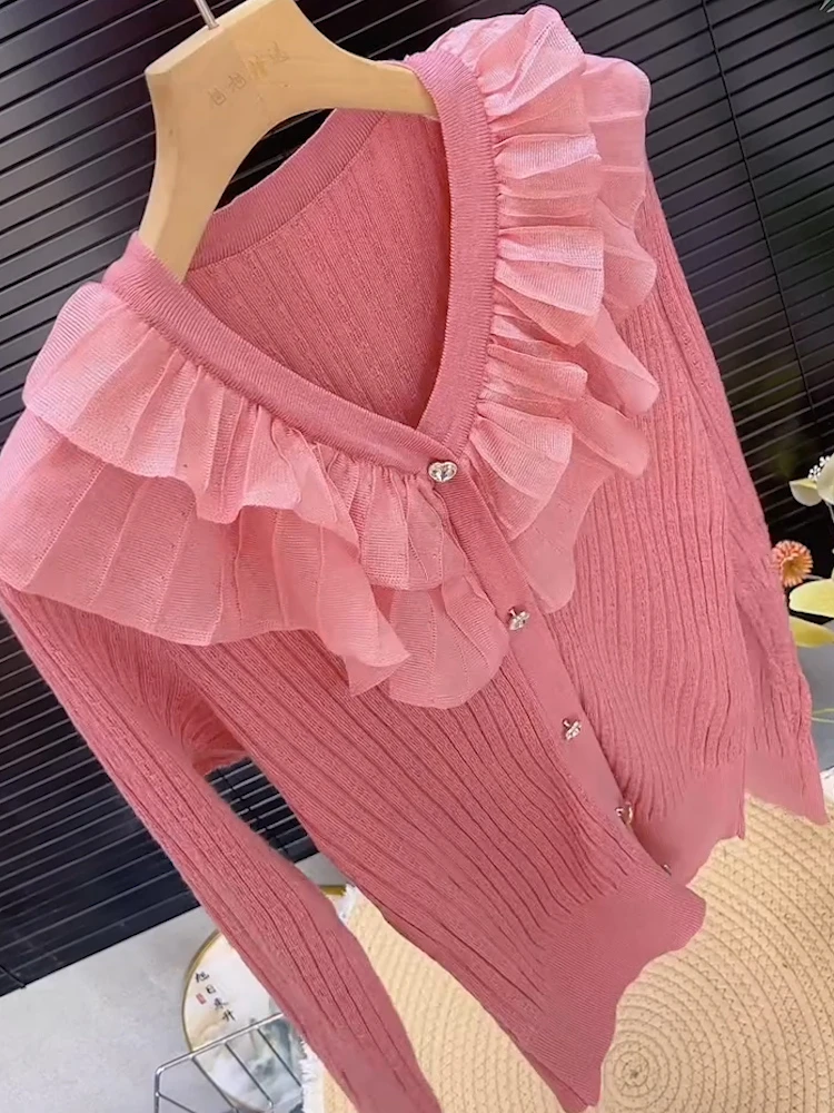 大码女装2025秋季新款甜美荷叶边洋气百搭宽松V领上衣针织衫开衫
