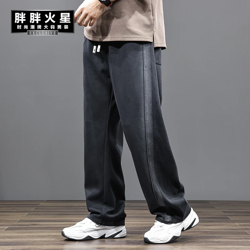 胖胖火星大码男装松紧腰复古直筒休闲裤胖子加绒宽松阔腿百搭长裤