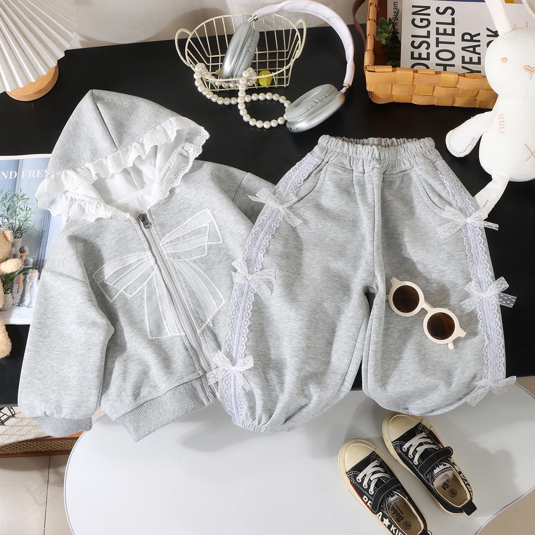 2025儿童华棉休闲百搭蝴蝶结拼接蕾丝休闲连帽卫衣套装