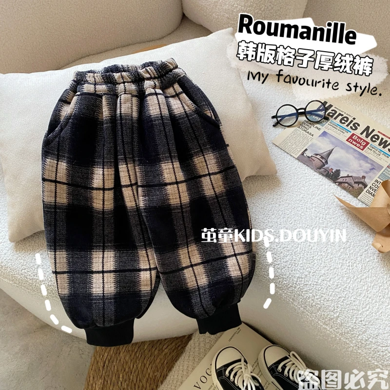 【麦麦妈】D473冬季中小童厚绒格子卫裤冬季新品男女宝宝休闲