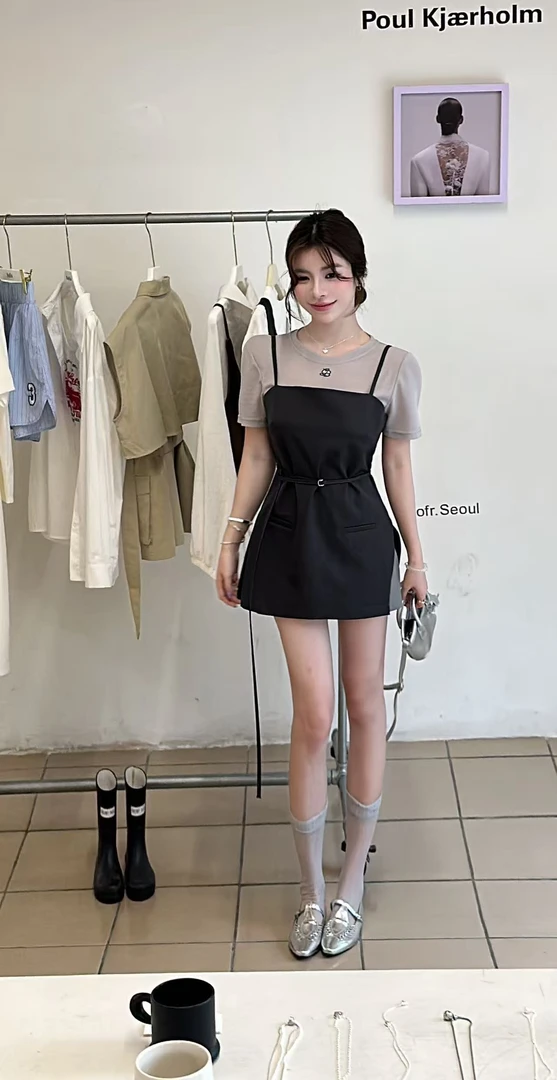 【HuiHui】设计感慵懒风短袖透气撞色吊带套装（L0047）