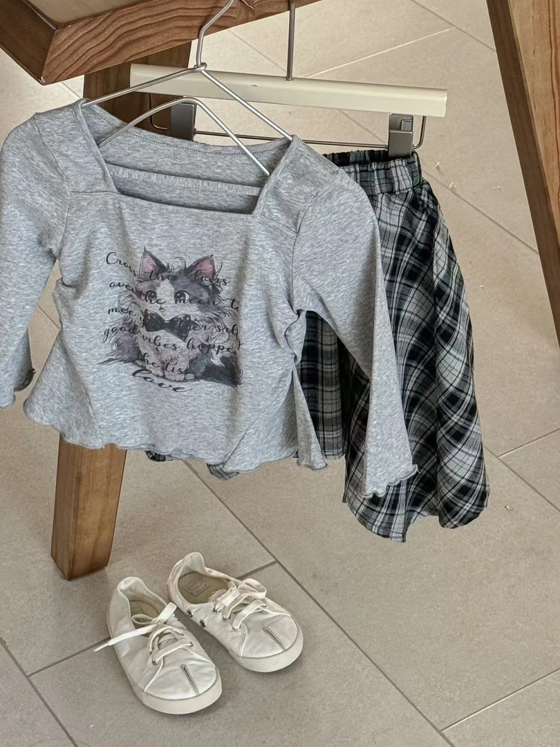 2025韩系风女童小辣妹休闲穿搭+半身格子裙