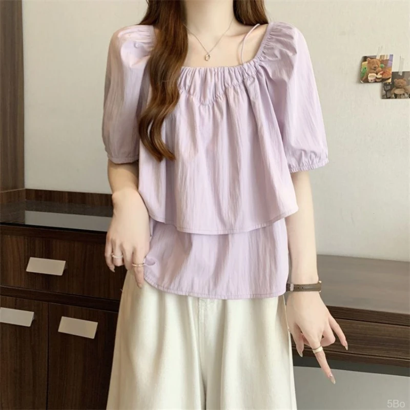 泡泡袖一字肩上衣女2025夏季新款法式设计感小众别致吊带方领衬衫