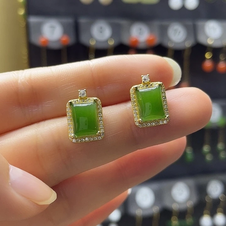 和田玉银S925镶嵌耳饰