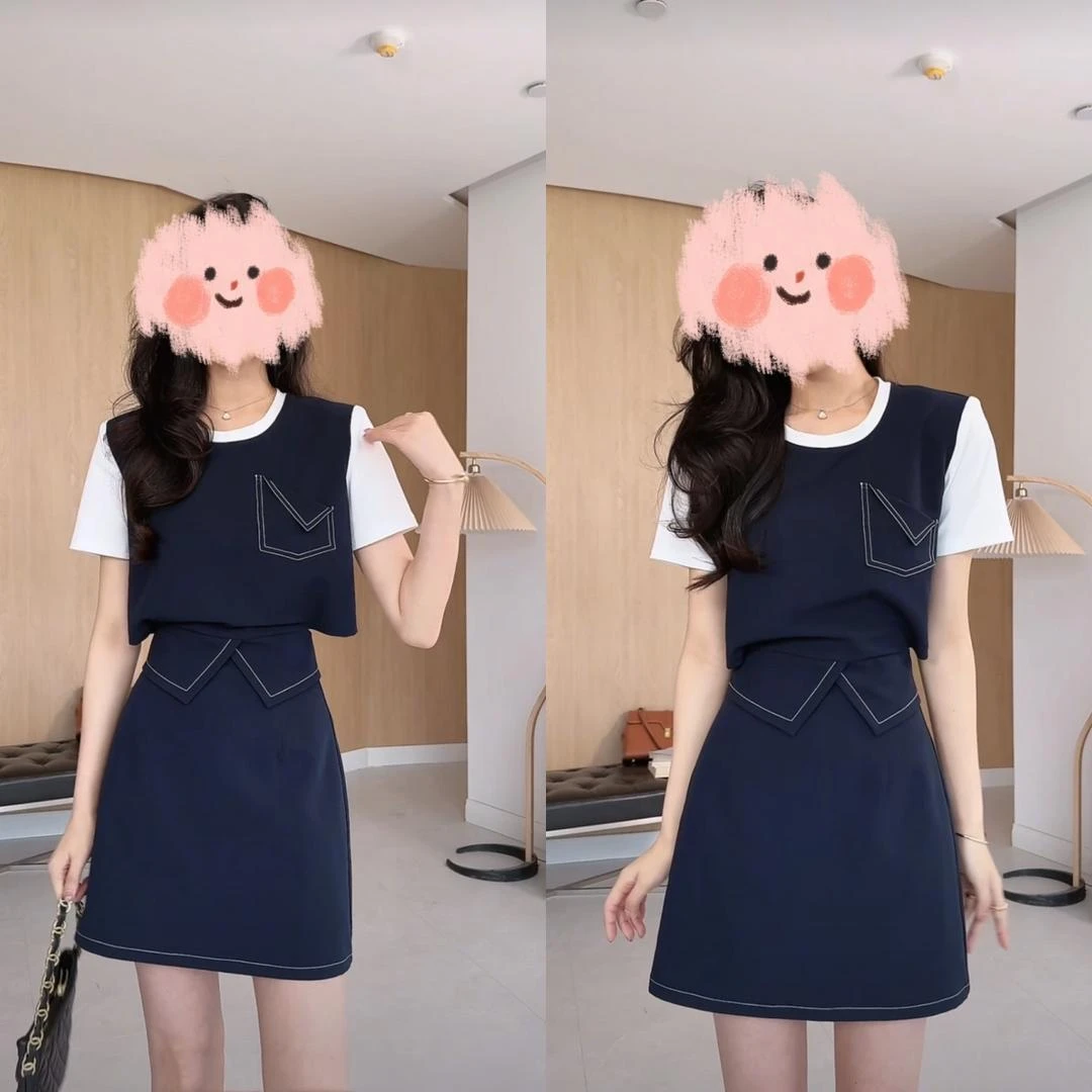 2025夏季新款时尚立体版型明线假两件T恤 显瘦裙裤两件套