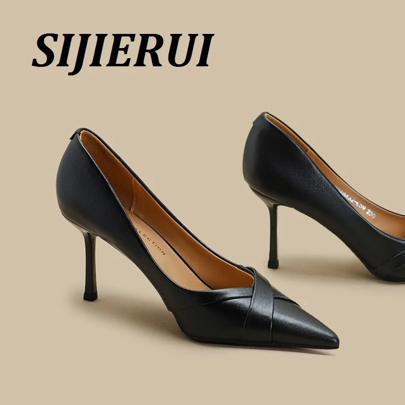 SIJIERUI真皮黑色高跟鞋女2025年春季新款职业软皮尖头细跟单鞋女