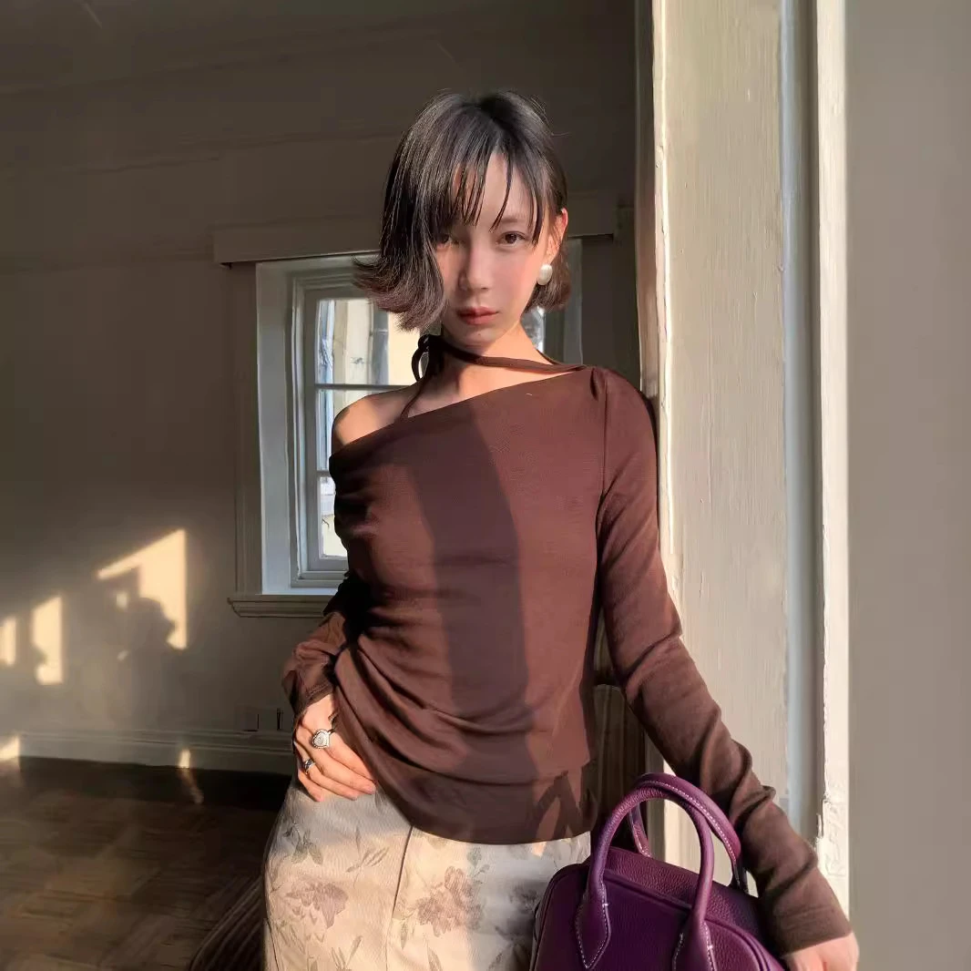 春季美拉德莱赛尔一字肩斜肩t恤打底衫露肩修身时尚百搭F1520