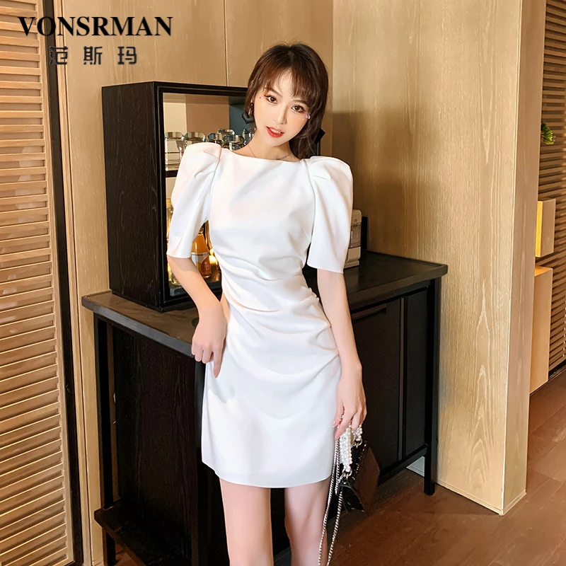 一字领气质连衣裙泡泡袖夏季甜辣风气质收腰a字裙褶皱显瘦短裙子