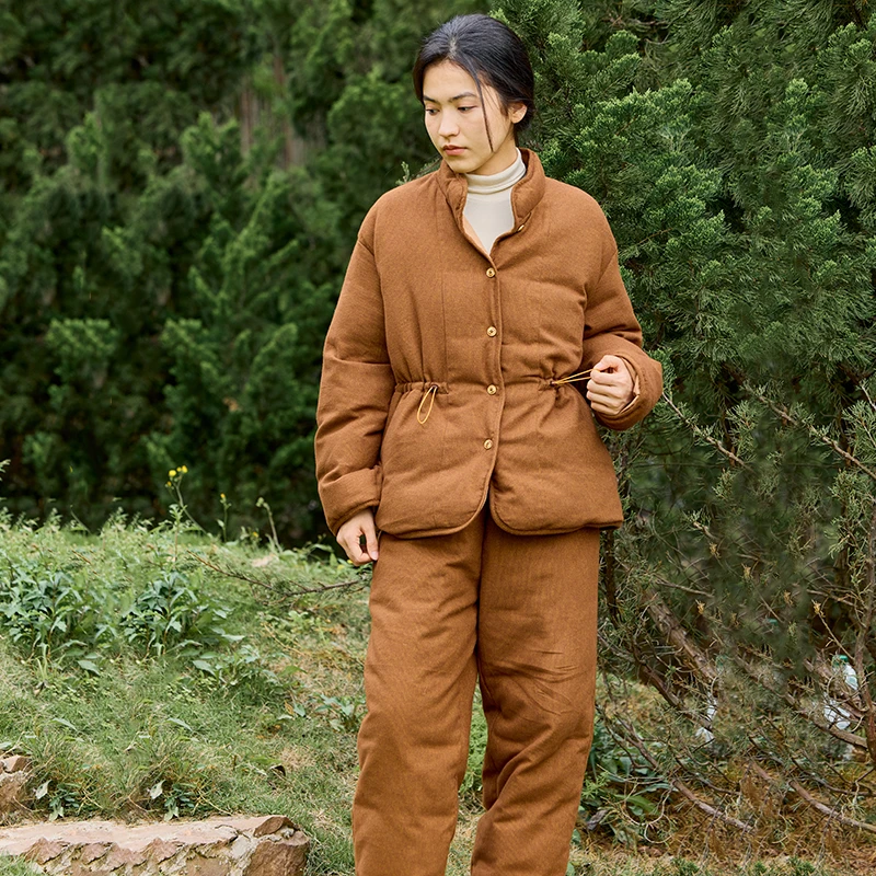 朵朵可可睡衣女2025冬季新款立领纯色收腰羽绒保暖家居服套装097