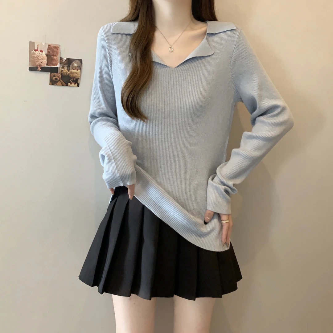 高级翻领蓝色长袖针织衫女秋季大码女装微胖MM显瘦毛衣打底衫上衣