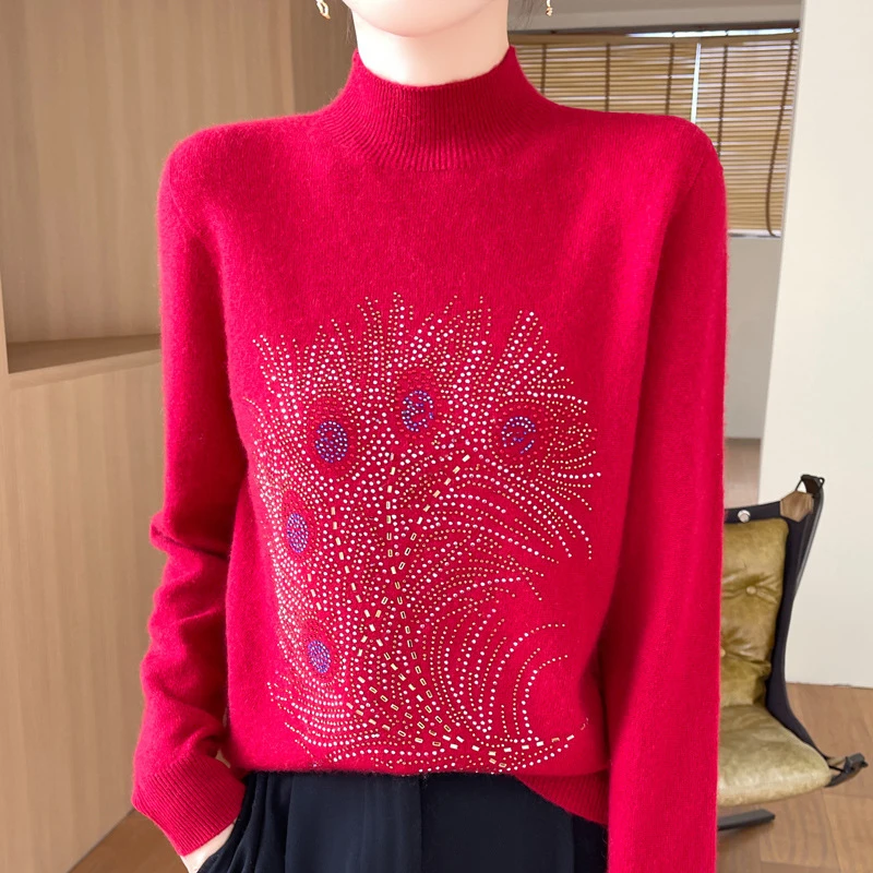 毛针织衫半高烫钻打底衫时尚新款圆领针织衫简约秋冬百搭女装上衣
