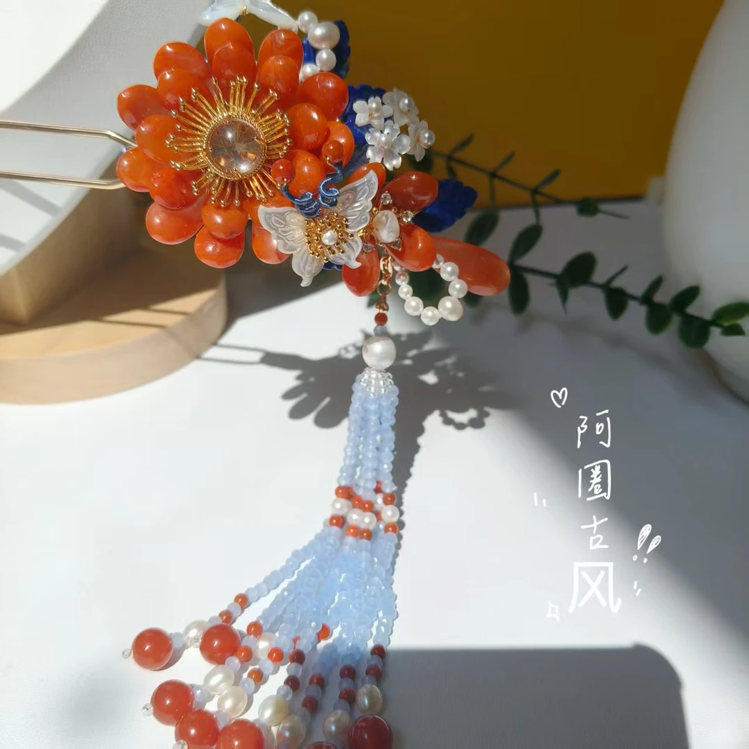 阿圈红色发钗汉服配饰古风饰品仙气大气百搭