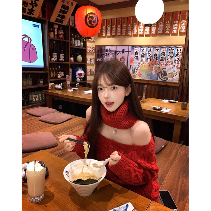慵懒风红色高领露肩毛衣女秋冬圣诞氛围感加厚宽松针织显瘦上衣