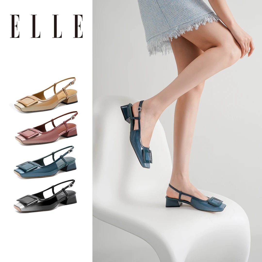 ELLE2025新款配裙子方扣包头凉鞋女鞋粗跟新娘婚鞋OL通勤后空单鞋