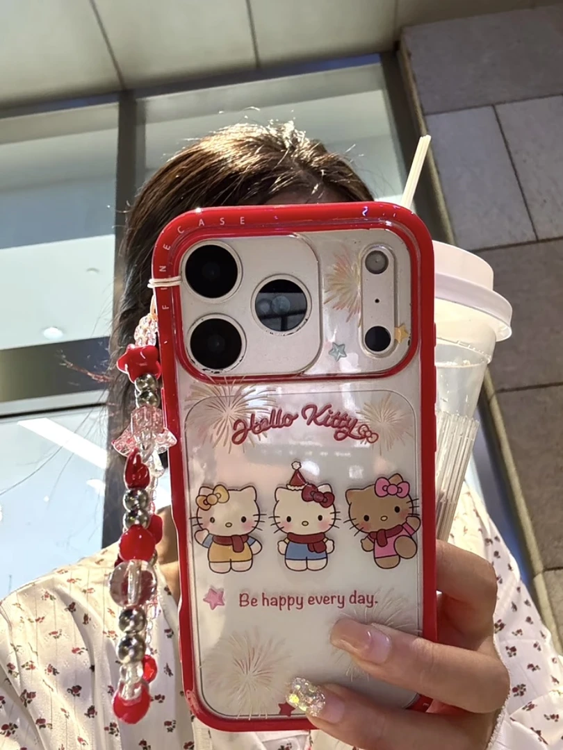 简约红框透明烟花三只kt猫适用iPhone17pro手机壳苹果16pro手链15