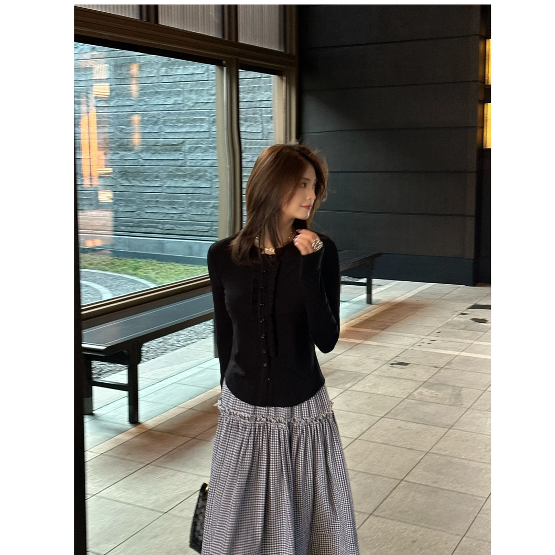 LUOZHIYIN/罗知音T412260F春夏长袖收褶花边针织衫上衣