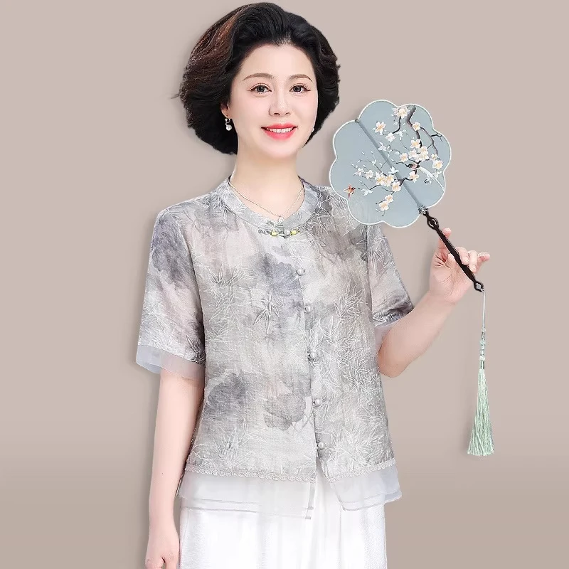 母亲节妈妈夏装短袖衬衫洋气2025新款中老年人女夏季小衫国风套装