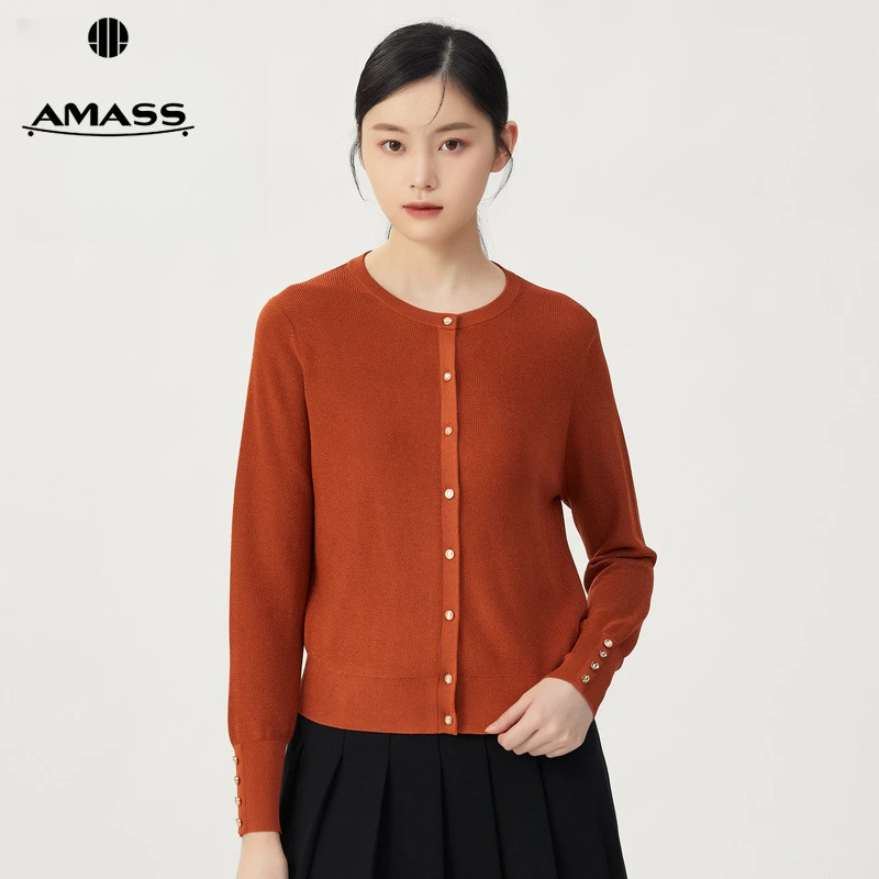 阿玛施AMASS新款女装质感圆领长袖针织衫单排扣纯色开衫5499093