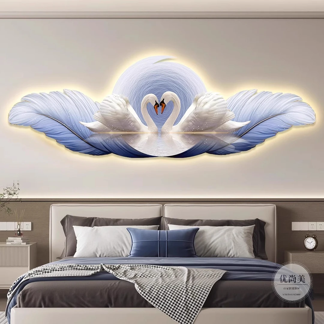 天鹅轻奢卧室床头装饰画简约现代主卧房间背景壁画客厅led灯挂画