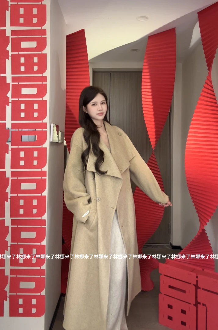 女士大翻领双面呢大衣绵羊毛纯手工宽松长款外套LN