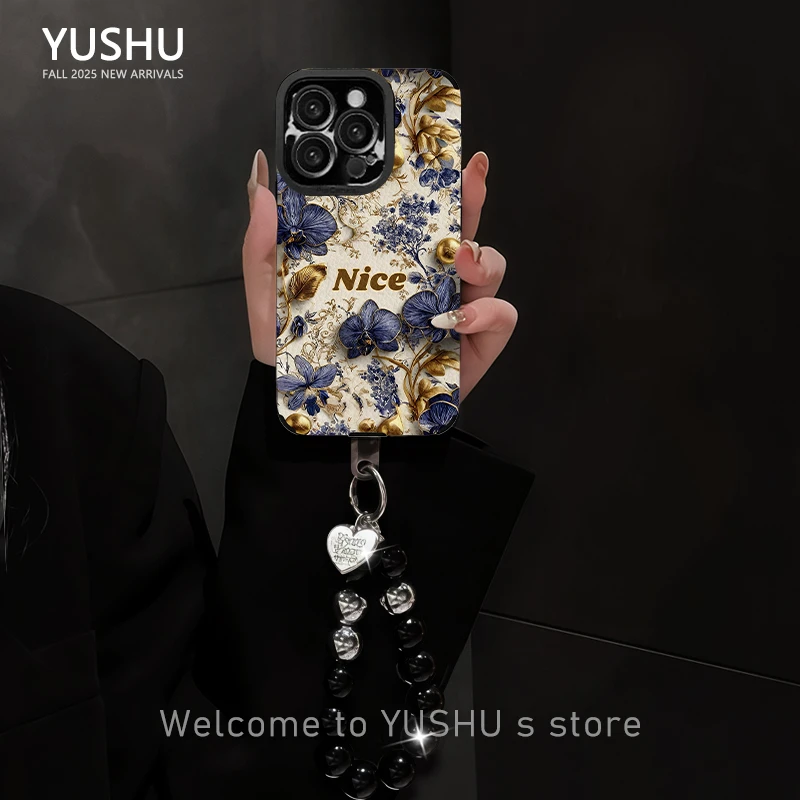 金珠蓝鸢尾手机壳适用于苹果16/vivo/华为/oppo瞳眼羊皮网红女