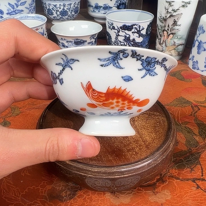 陶杯子元煦窑鱼藻纹高足杯