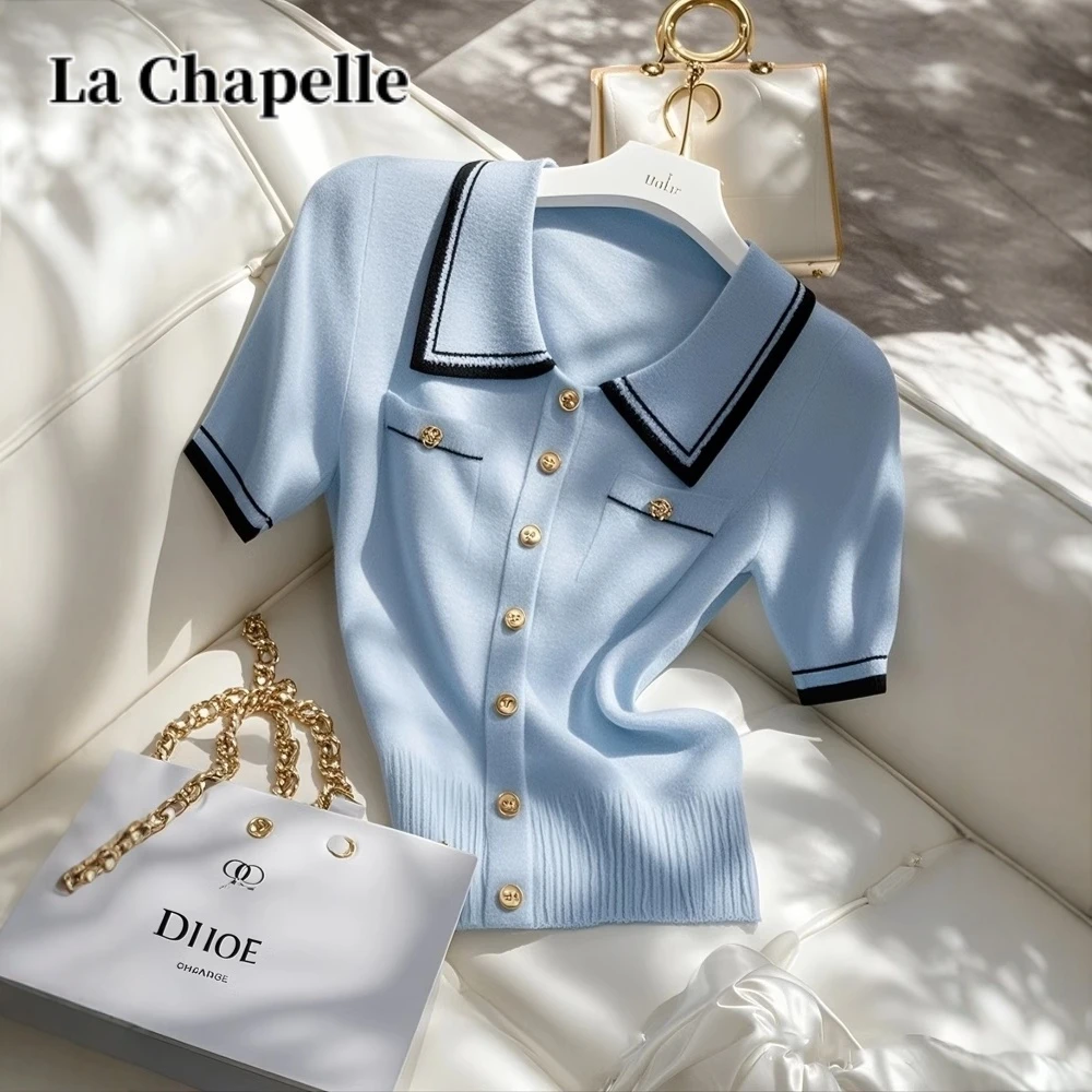 拉夏贝尔小香风夏季蓝色POLO领针织短袖T恤设计感独特撞色上衣女