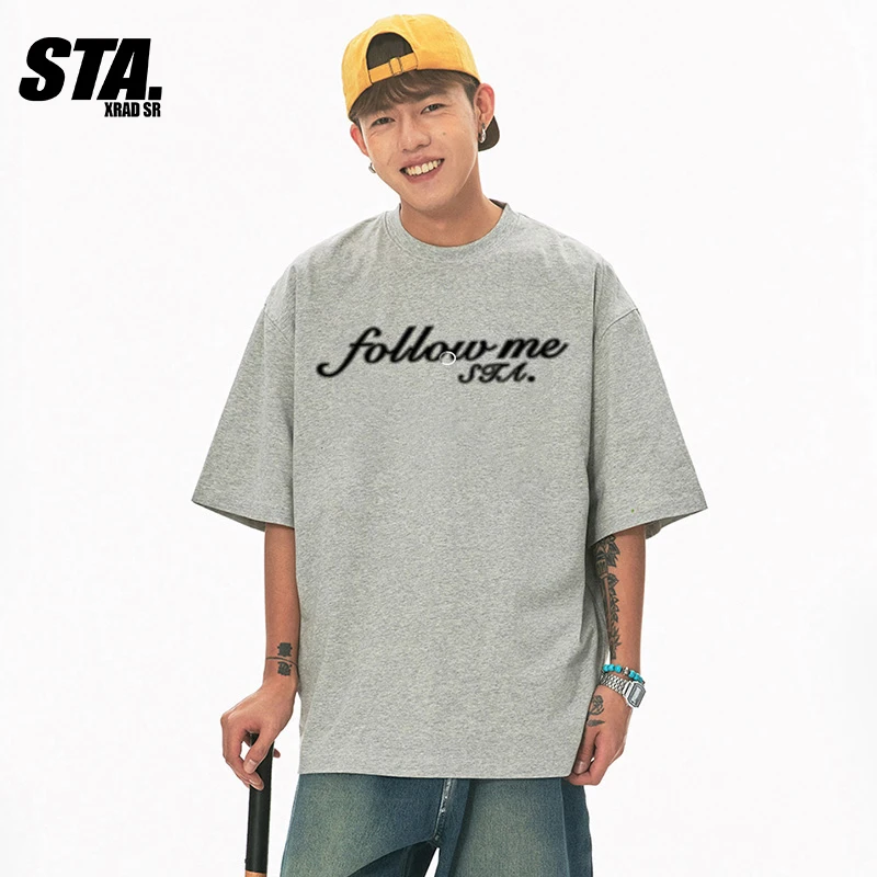 STA.美式短袖T恤夏季男士新款灰色男生宽松高街纯棉百搭潮牌情侣