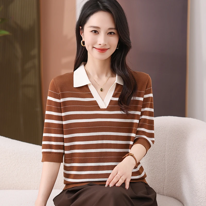 中年女士休闲风翻领条纹短袖T恤妈妈装时尚春夏款半袖针织衫百搭